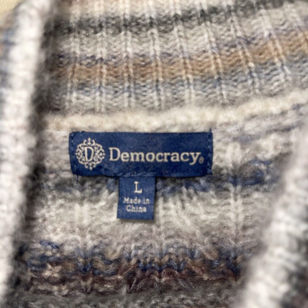 DEMOCRACY Mock Neck Woven Cable Knit Sweater Cozy Mottled Blue Tan L - Picture 7 of 8